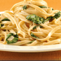 Linguine dish with a creamy spinach and mascarpone sauce.