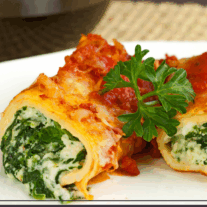 Delicate manicotti stuffed with a spinach and ricotta filling and topped with marinara sauce.