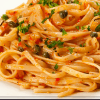 Linguine tossed with a sweet red pepper sauce.