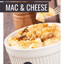 Baked truffle macaroni and cheese; a bowl of creamy, baked macaroni and cheese with sautéed mushrooms, and truffle oil, topped with toasted breadcrumbs.
