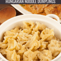 A casserole with traditional Hungarian noodle dumplings, also known as nokedli.