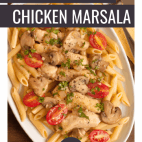 A chicken marsala dish with pasta and fresh tomatoes.