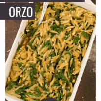 A casserole with toasted orzo, garlic and spinach.