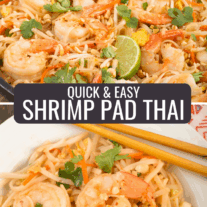 Shrimp pad Thai; flat rice noodles tossed with scrambled eggs, stir-fried shrimp, bean sprouts, fresh lime, shredded carrots, cilantro, and crushed peanuts.