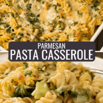 Parmesan pasta casserole; baked rotini tossed with sautéed greens and garlicky Parmesan cream sauce.