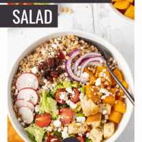 An autumn farro bowl with seasonal produce.