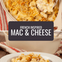 French inspired mac and cheese; delicious baked macaroni and cheese made with sheep, goat, and cow's milk cheeses, diced ham, and herbes de Provence.