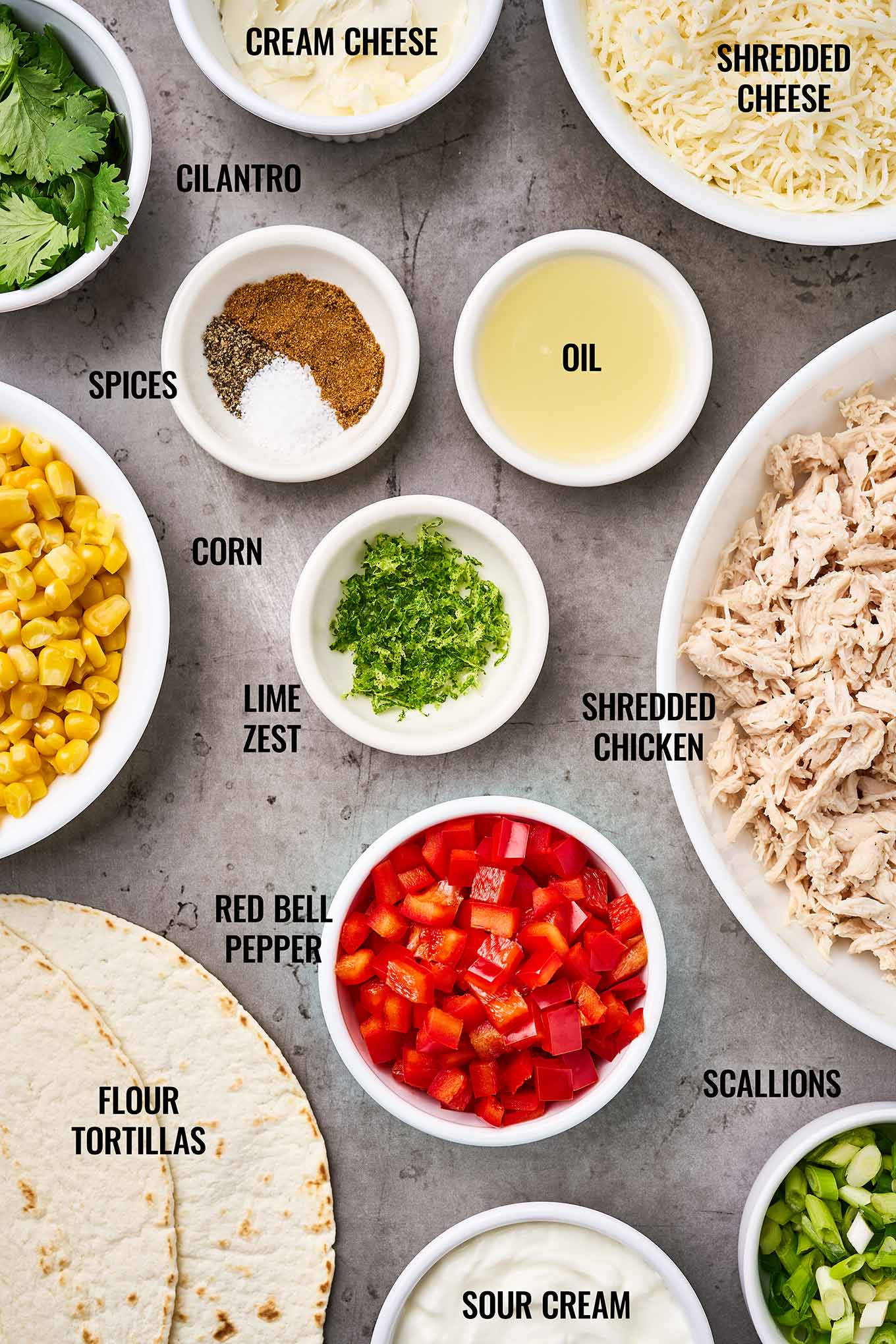 A labeled, overhead view of the ingredients needed for chicken quesadillas including shredded chicken, cheese, cream cheese, red pepper, tortillas, and spices.