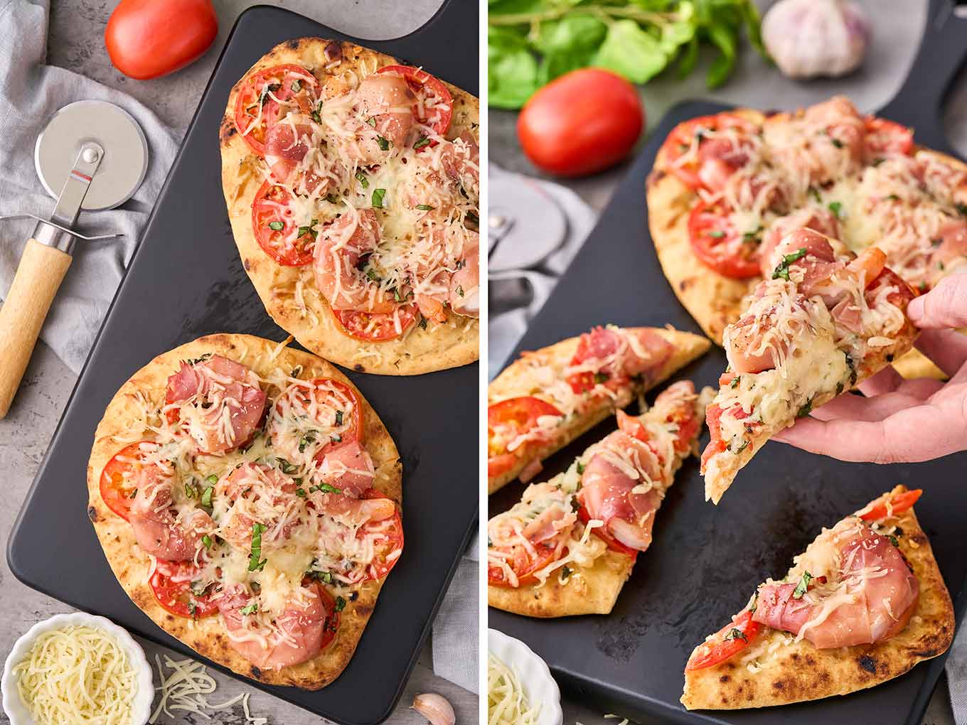 Side by side photos of baked naan pizzas, one with two on a cutting board, the other with one flatbread cut into wedges and being served.