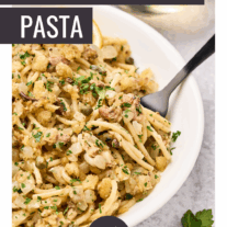 Sardine pasta; spaghetti tossed with tinned sardines, sautéed onions, garlic, toasted breadcrumbs, capers, and parsley.