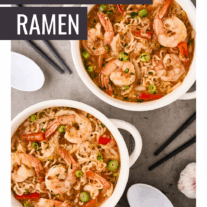 Spicy shrimp ramen soup; ramen noodle soup with spicy shrimp, ginger, garlic, red bell pepper, and scallions.