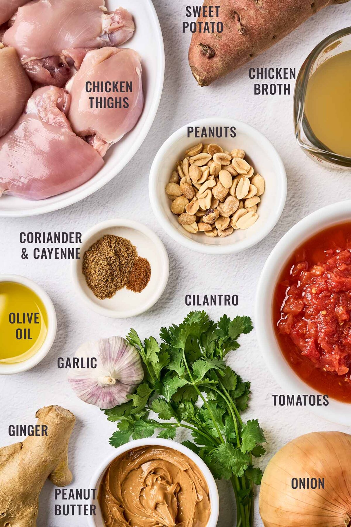 A labeled, overhead view of the ingredients needed for African peanut chicken stew; boneless chicken thighs, sweet potato, peanuts, peanut butter, tomatoes, onion, garlic, ginger, and cilantro.