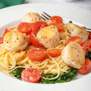 Delicious scallop recipes; a plate with pan-seared scallops, sautéed tomatoes and spinach in white wine butter sauce over angel hair.