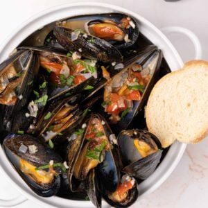Shellfish recipe collection; a bowl of steamed mussels Italian style with bits of garlic, diced tomatoes, and chopped parsley.