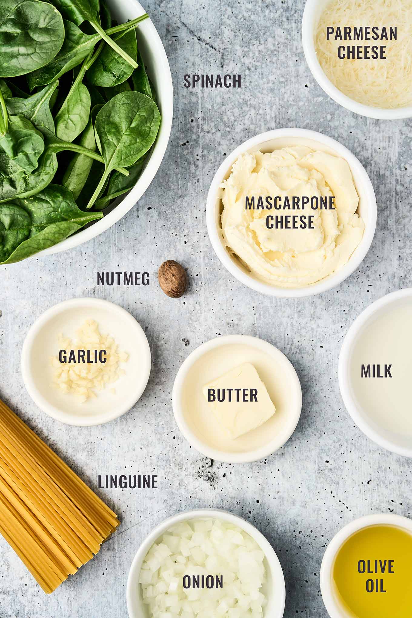 Labeled ingredients for creamy spinach pasta arranged on a gray surface, including fresh spinach, mascarpone cheese, Parmesan, linguine, onion, garlic, butter, milk, olive oil, and whole nutmeg.