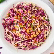 Bowl of tropical slaw with green and red cabbage, nectarine, red bell pepper, jalapeño, red onion, and cilantro tossed in a citrus dressing.