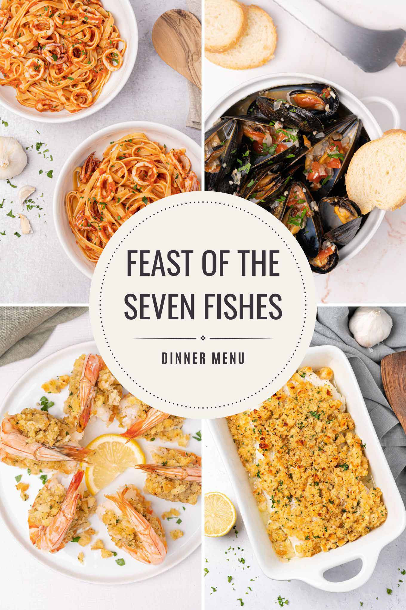 Photo collage of four of the seven recipes featured in the Feast of the Seven Fishes dinner: Calamari Pasta, Steamed Mussels, Baked Stuffed Shrimp, and Baked Cod.
