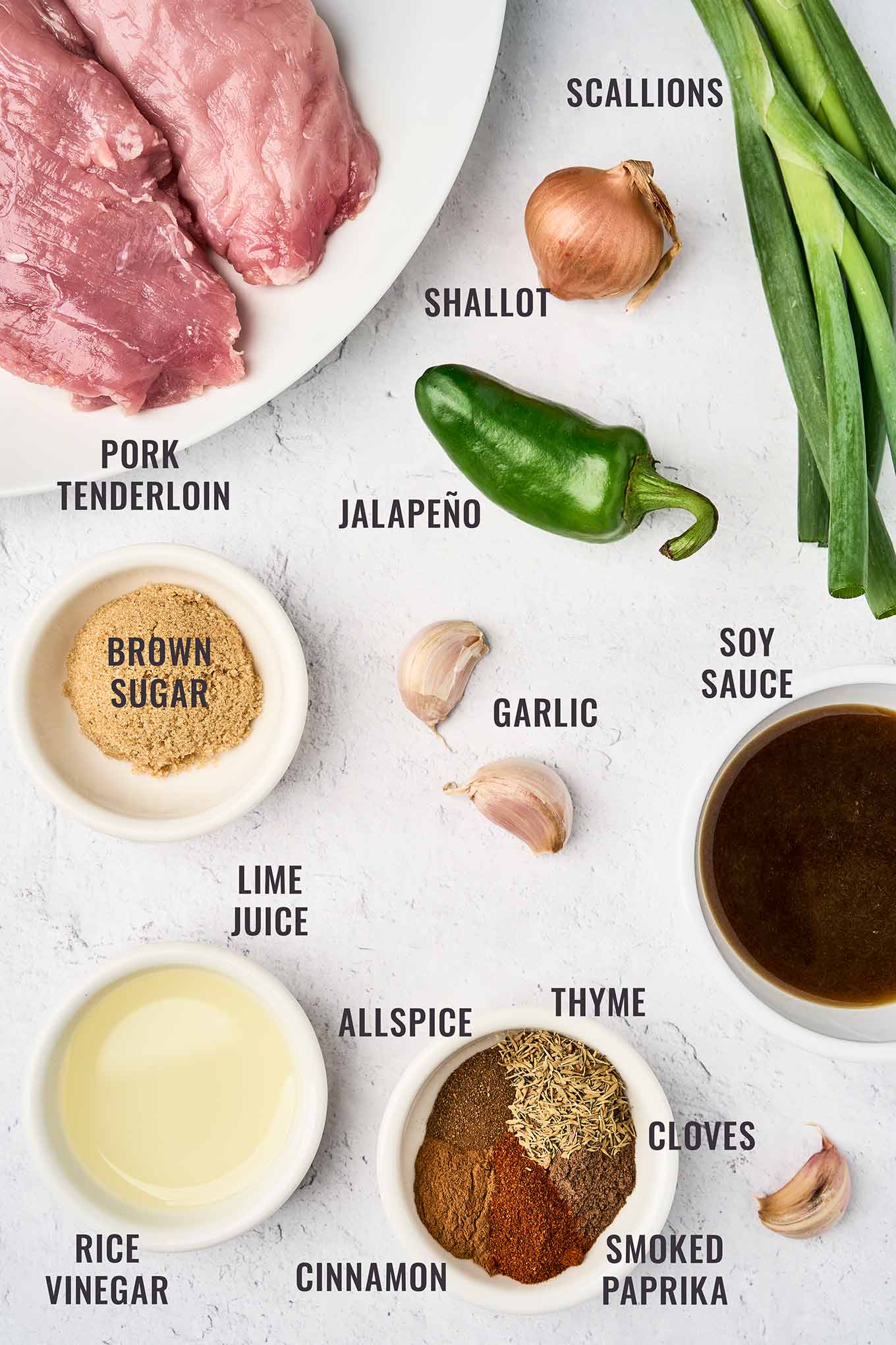 A labeled, overhead view of jerk pork tenderloin ingredients; pork, scallions, shallot, jalapeño, garlic, soy sauce, brown sugar, lime juice, rice vinegar, and spices (allspice, thyme, cloves, smoked paprika, and cinnamon).