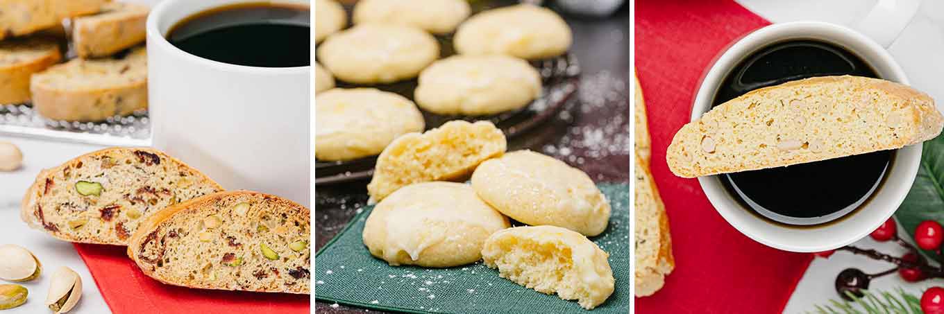 A three-photo collage of desserts to serve with the Feast of the Seven Fishes dinner; Cranberry Pistachio Biscotti, Italian Ricotta Cookies, Buttery Orange Biscotti.