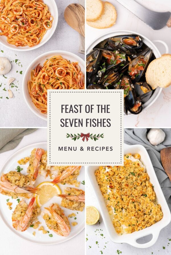 Photo collage of four of the seven recipes featured in the Feast of the Seven Fishes dinner: Calamari Pasta, Steamed Mussels, Baked Stuffed Shrimp, and Baked Cod.