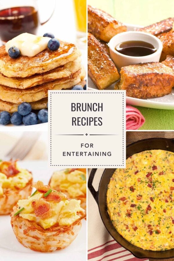 Four brunch recipe photos; cornmeal pancakes, Hawaiian French toast sticks, scrambled eggs in hash brown potato nests, and bacon and cheese frittata.