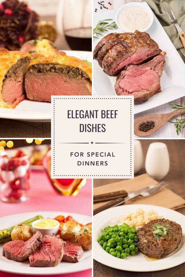 Elegant beef dishes including Beef Wellington, Prime Rib, Châteaubriand, and Steak au Poivre arranged in a four-image collage.