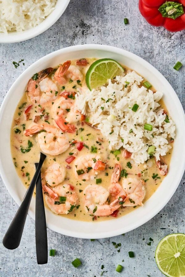 Brazilian coconut shrimp stew with lime and cilantro served with white rice in a shallow bowl.