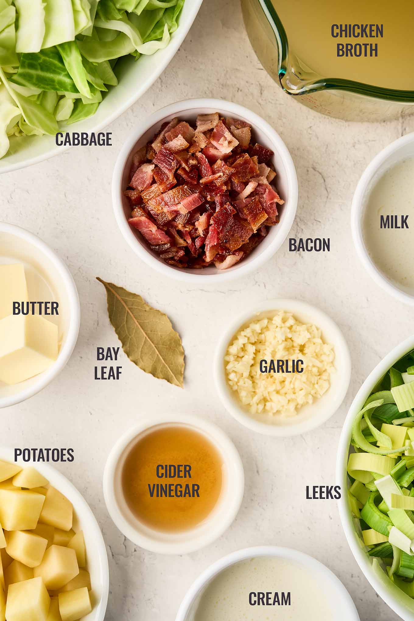 Ingredients for cabbage leek potato soup including cabbage, leeks, potatoes, bacon, garlic, broth, milk, cream.
