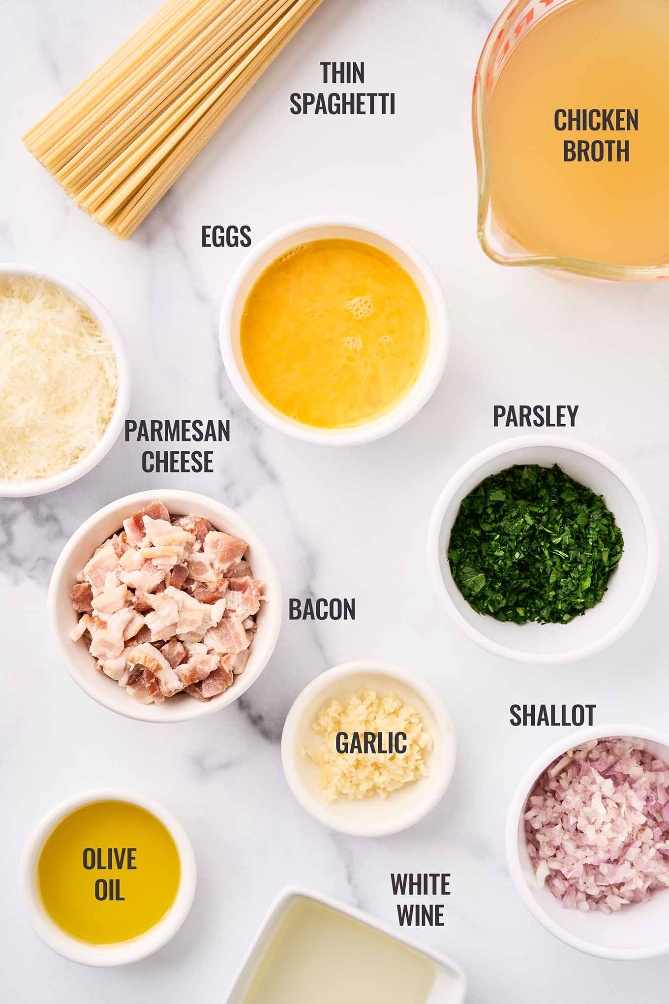 Ingredients for one-pot spaghetti carbonara including thin spaghetti, bacon, eggs, Parmesan, garlic, shallot, parsley, chicken broth, white wine, and olive oil.