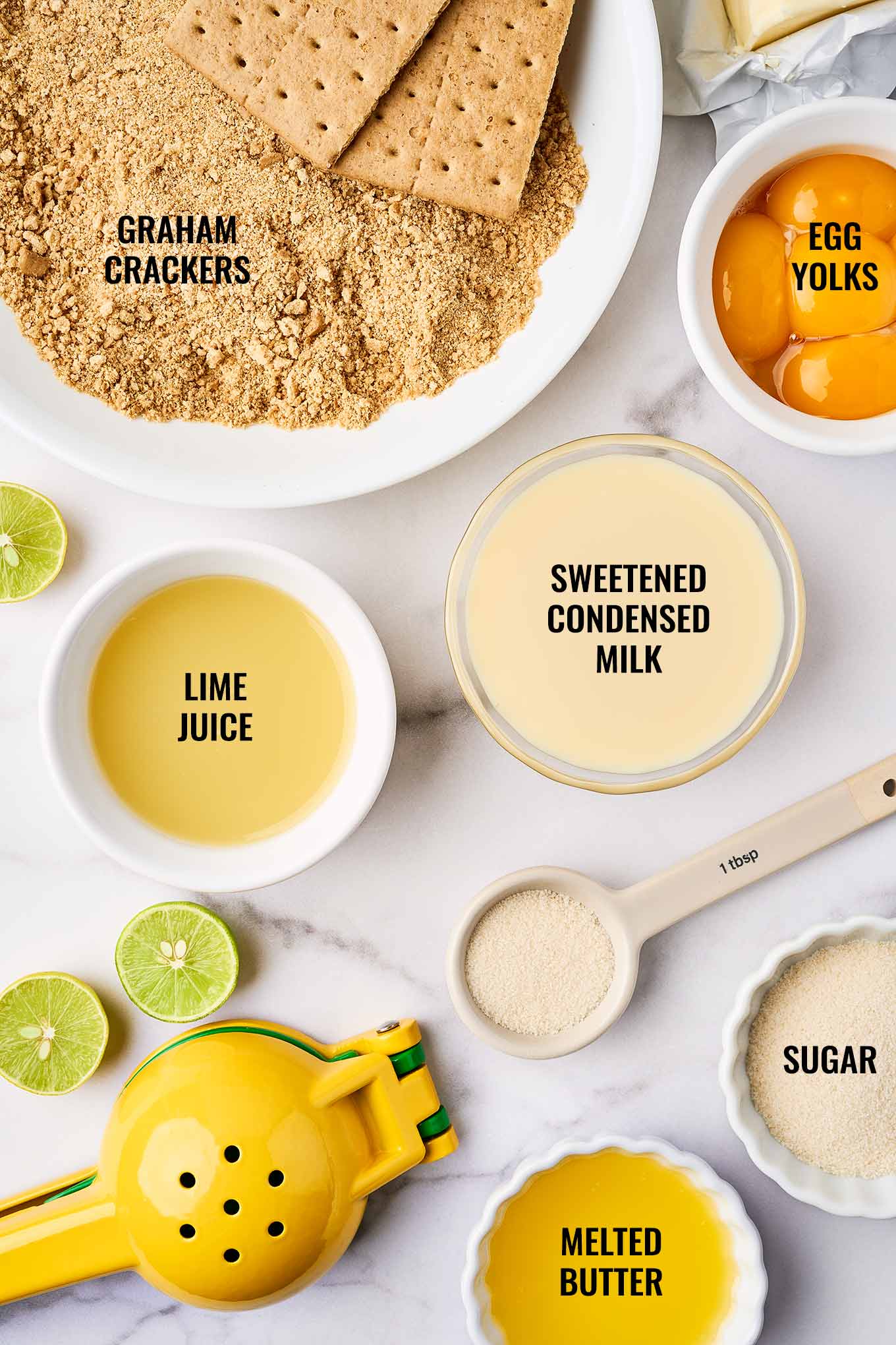 Ingredients for Florida Key lime pie including graham crackers, lime juice, egg yolks, sweetened condensed milk, sugar, and melted butter.