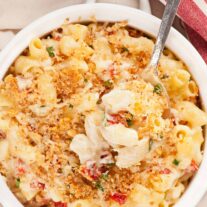 Goat cheese and sun-dried tomato mac and cheese with garlic breadcrumb topping in a white baking dish.