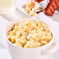 Stovetop lobster mac and cheese with tender lobster, pasta, Gruy&egrave;re, and mascarpone in a velvety sauce that highlights the seafood flavor.