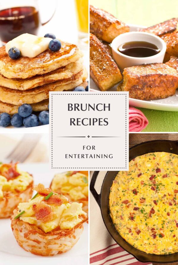 Four brunch recipe photos; cornmeal pancakes, Hawaiian French toast sticks, scrambled eggs in hash brown potato nests, and bacon and cheese frittata.