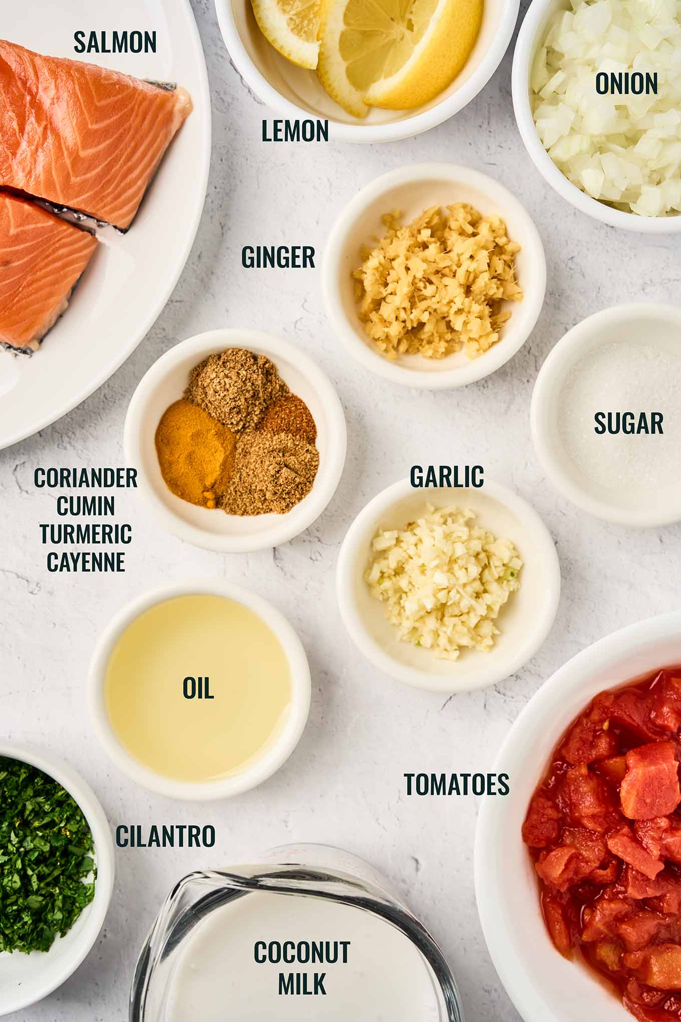 Ingredients for coconut curry salmon including salmon, coconut milk, tomatoes, onion, garlic, ginger, spices, cilantro, and lemon.