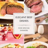 Elegant beef dishes including Beef Wellington, Prime Rib, Châteaubriand, and Steak au Poivre arranged in a four-image collage.