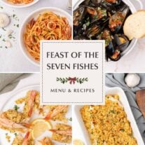 Photo collage of four of the seven recipes featured in the Feast of the Seven Fishes dinner: Calamari Pasta, Steamed Mussels, Baked Stuffed Shrimp, and Baked Cod.