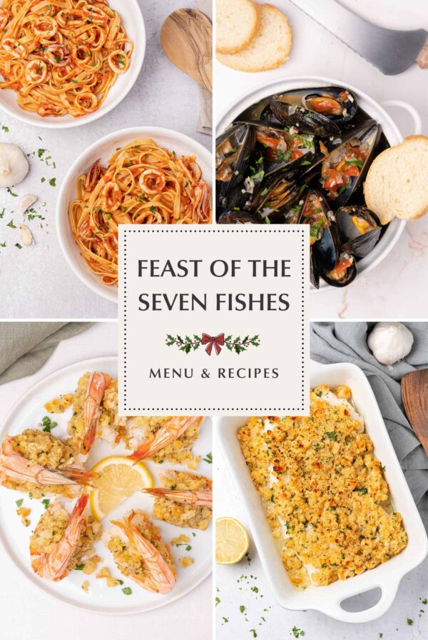 Photo collage of four of the seven recipes featured in the Feast of the Seven Fishes dinner: Calamari Pasta, Steamed Mussels, Baked Stuffed Shrimp, and Baked Cod.