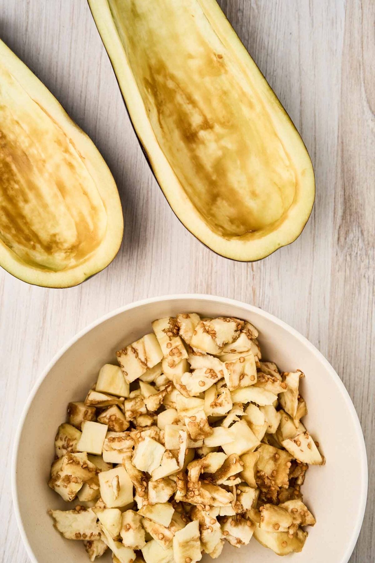 Eggplant shells and chopped eggplant flesh for Mediterranean stuffed eggplant with lamb.