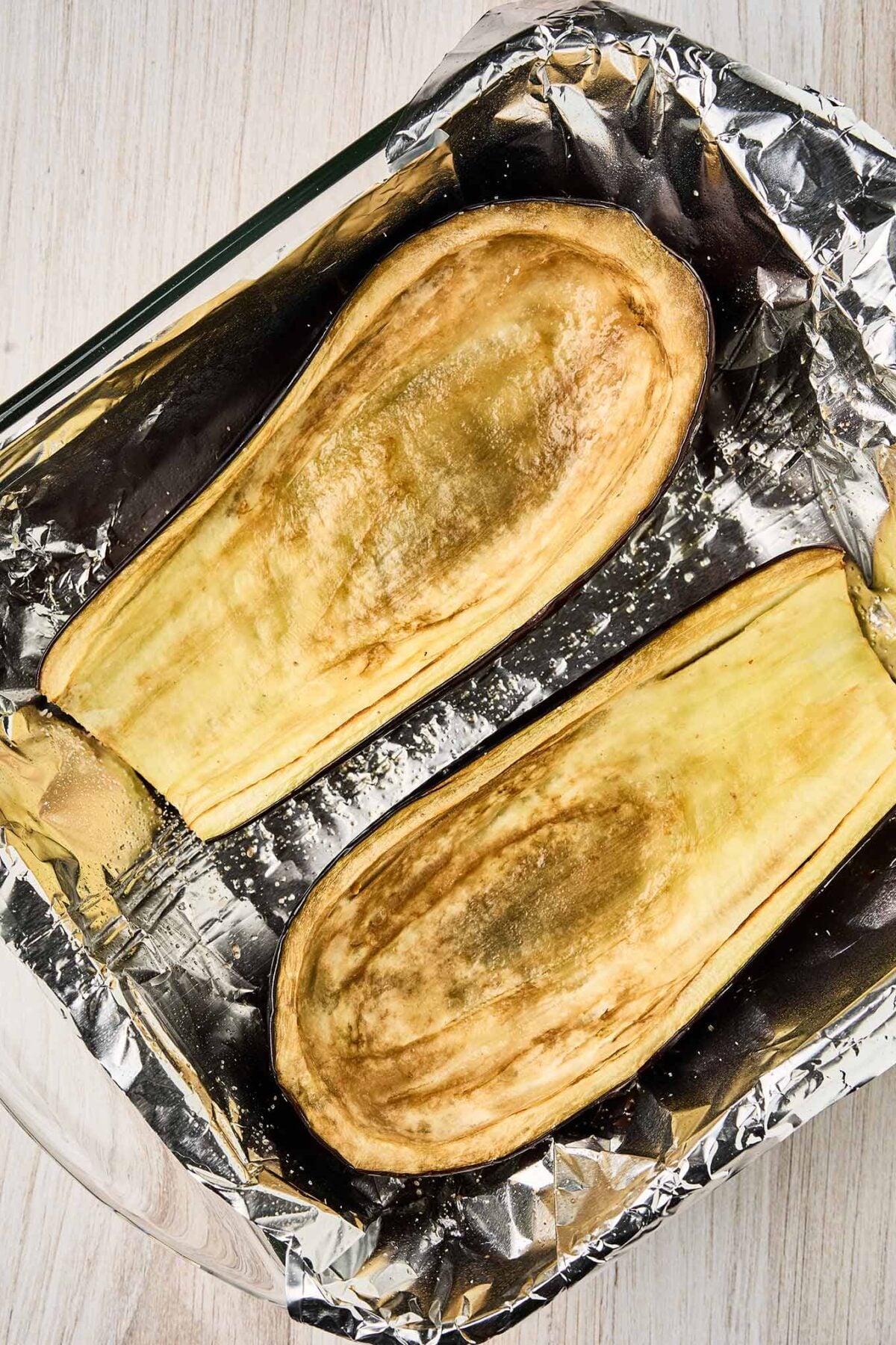 Roasted eggplant shells prepared for Mediterranean stuffed eggplant with lamb.