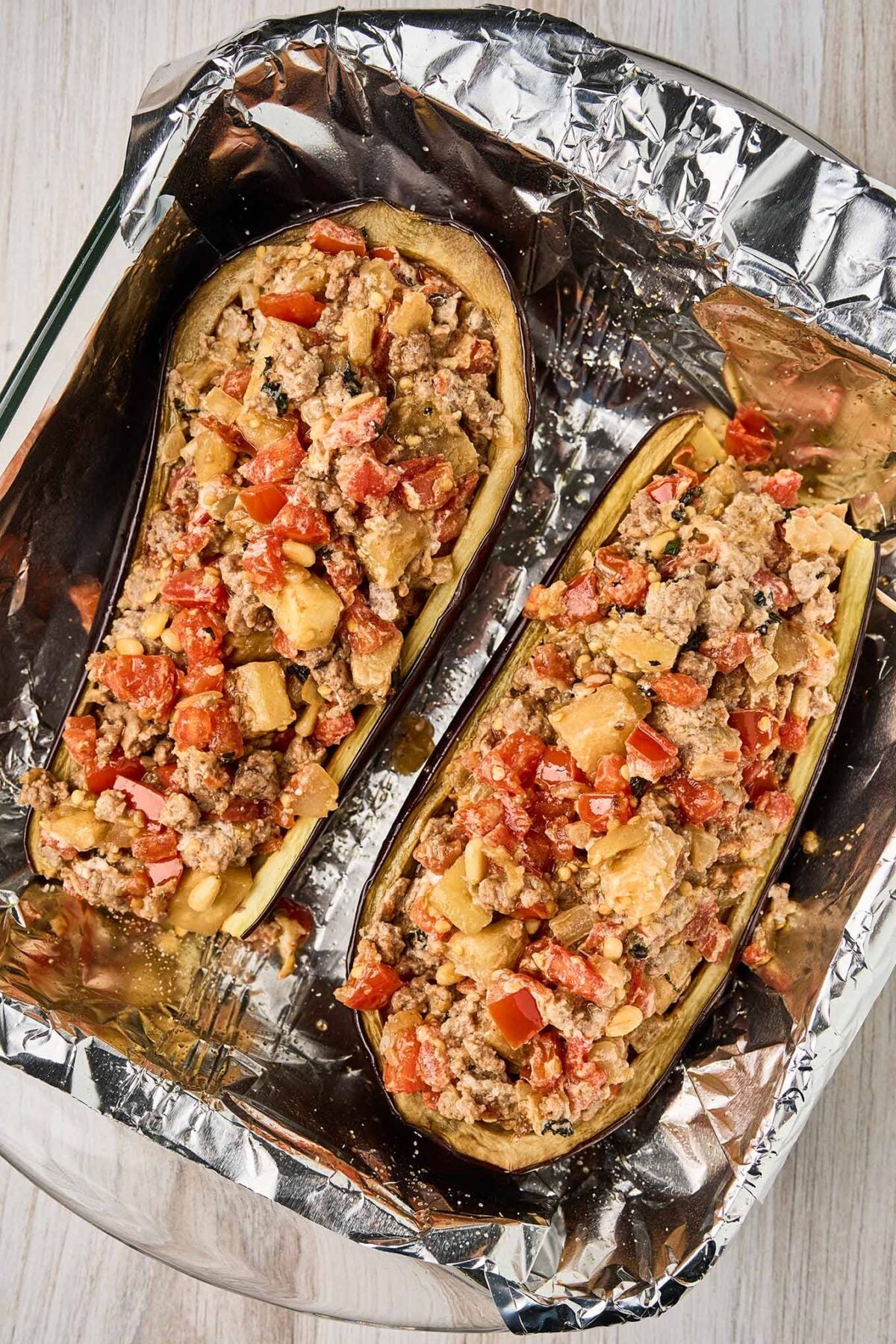 Mediterranean stuffed eggplant with lamb filled and ready for the final bake.