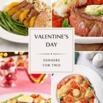 Plated Valentine’s Day dinners for two including Surf and Turf (filet and lobster), Duck Breast a'lOrange, Châteaubriand, and Scallop Pasta.