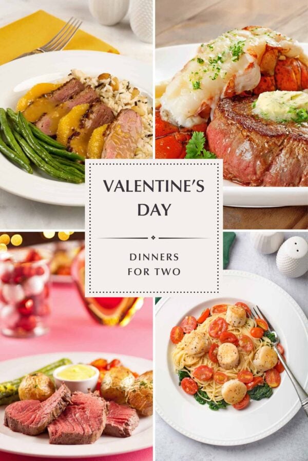 Plated Valentine’s Day dinners for two including Surf and Turf (filet and lobster), Duck Breast a'lOrange, Châteaubriand, and Scallop Pasta.