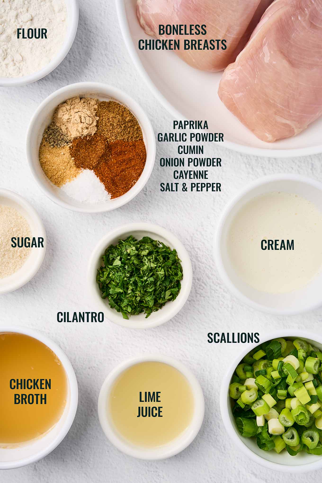 Ingredients for creamy cilantro lime chicken, including chicken breasts, cilantro, lime juice, scallions, broth, cream, flour, and spices.