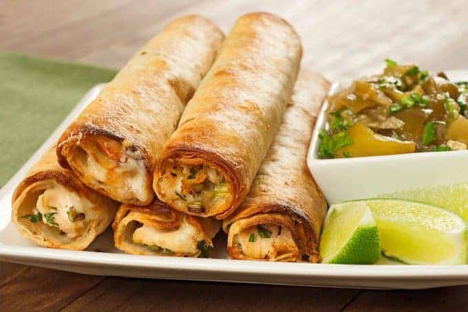 Baked Chicken Flautas with Chunky Tomatillo Sauce