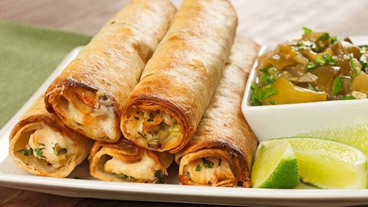 Baked Chicken Flautas With Chunky Tomatillo Sauce Recipe Mygourmetconnection