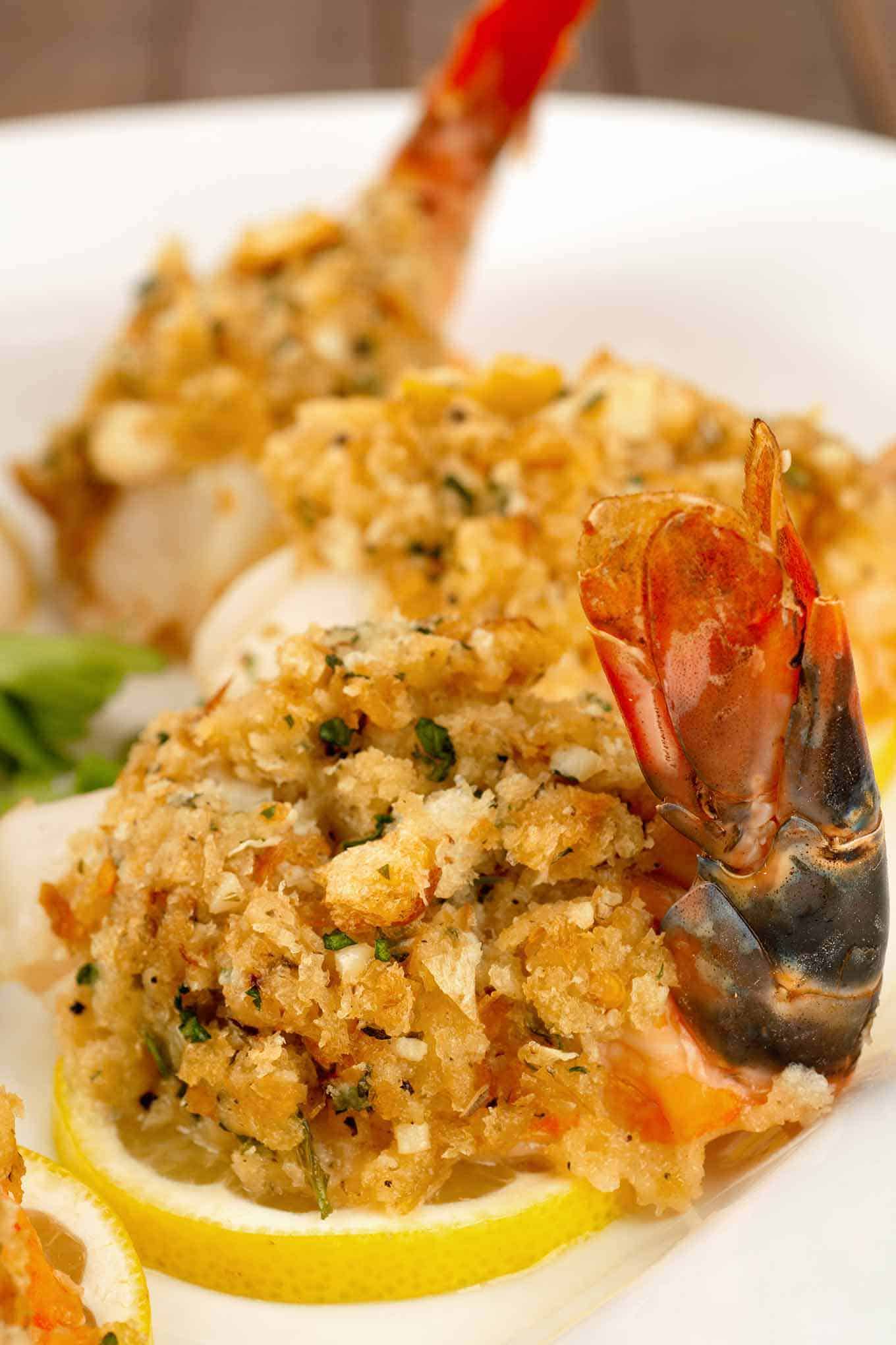 Colossal shrimp topped with a breadcrumb stuffing