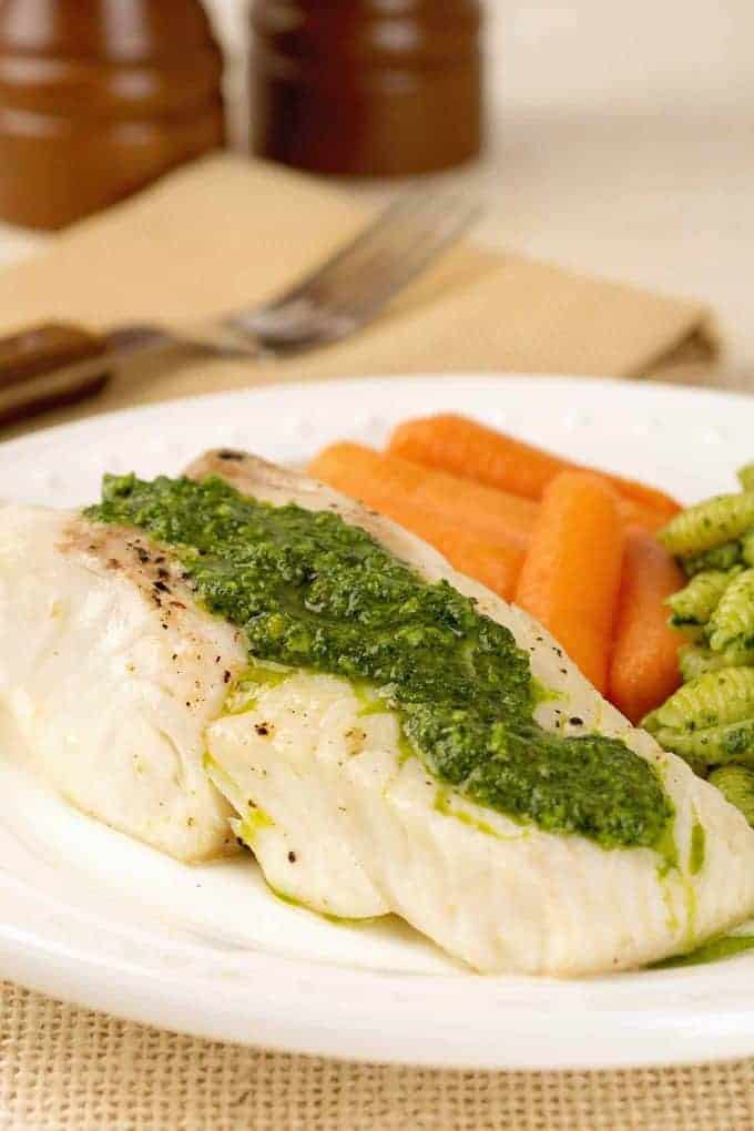 Broiled Halibut Fillets with Kale Pesto