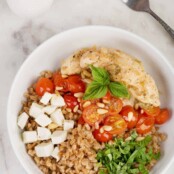 A Caprese-style farro bowl topped with pan-seared chicken, sautéed grape tomatoes, fresh basil, and cubes of fresh mozzarella.
