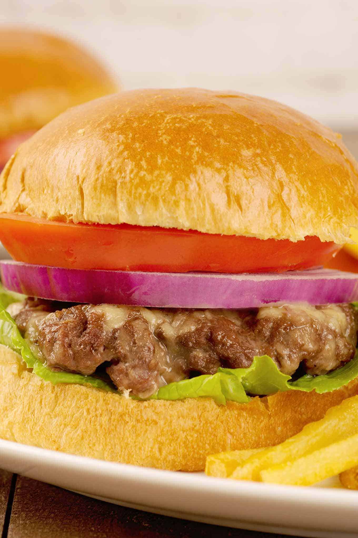 Close up of oven-baked cheeseburger on a bun with lettuce tomato and a slice of red onion.
