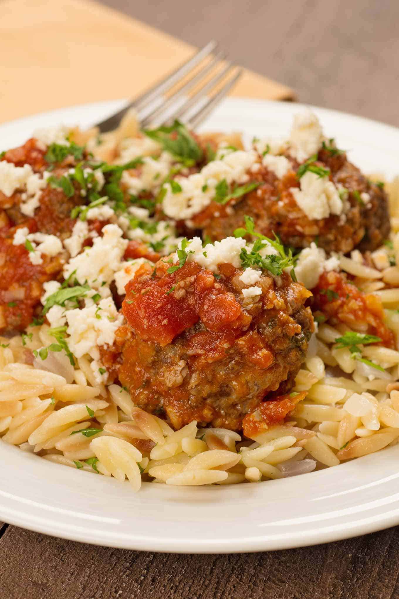 Greek Meatballs with Orzo and Feta